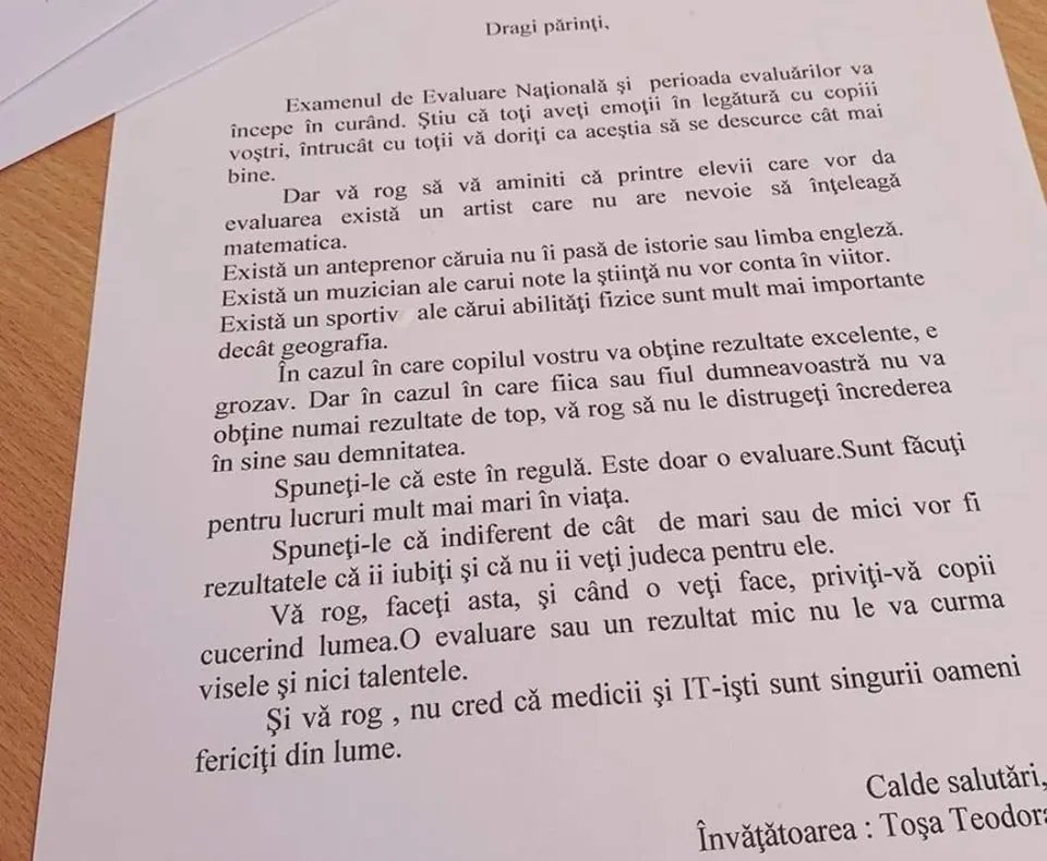 Mesajul emoționant trimis de o învățătoare către toți părinții ai căror copii sunt în perioada evaluării