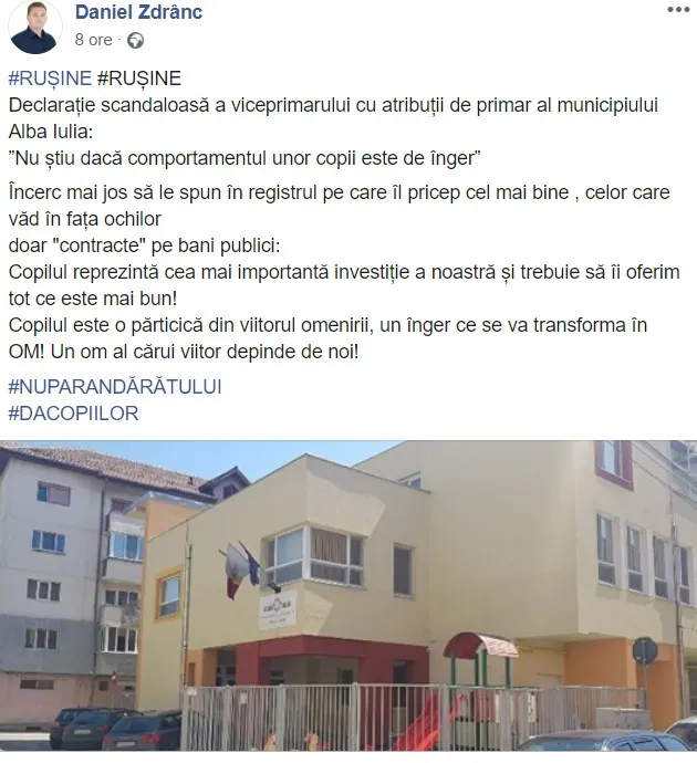 Secretarul de Stat, Daniel Zdrânc, taxează critic declarațiile edilului din Alba Iulia legat de incidentele dintr-o creșă