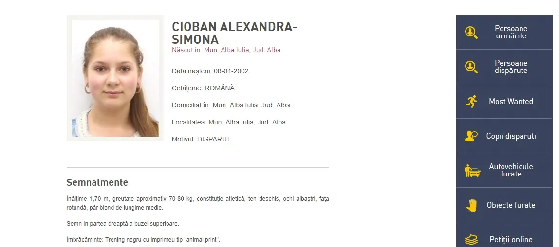 Minoră din Alba Iulia a dispărut de acasă. Persoanele care dețin informații sunt rugate să anunțe cea mai apropiată unitate de poliție