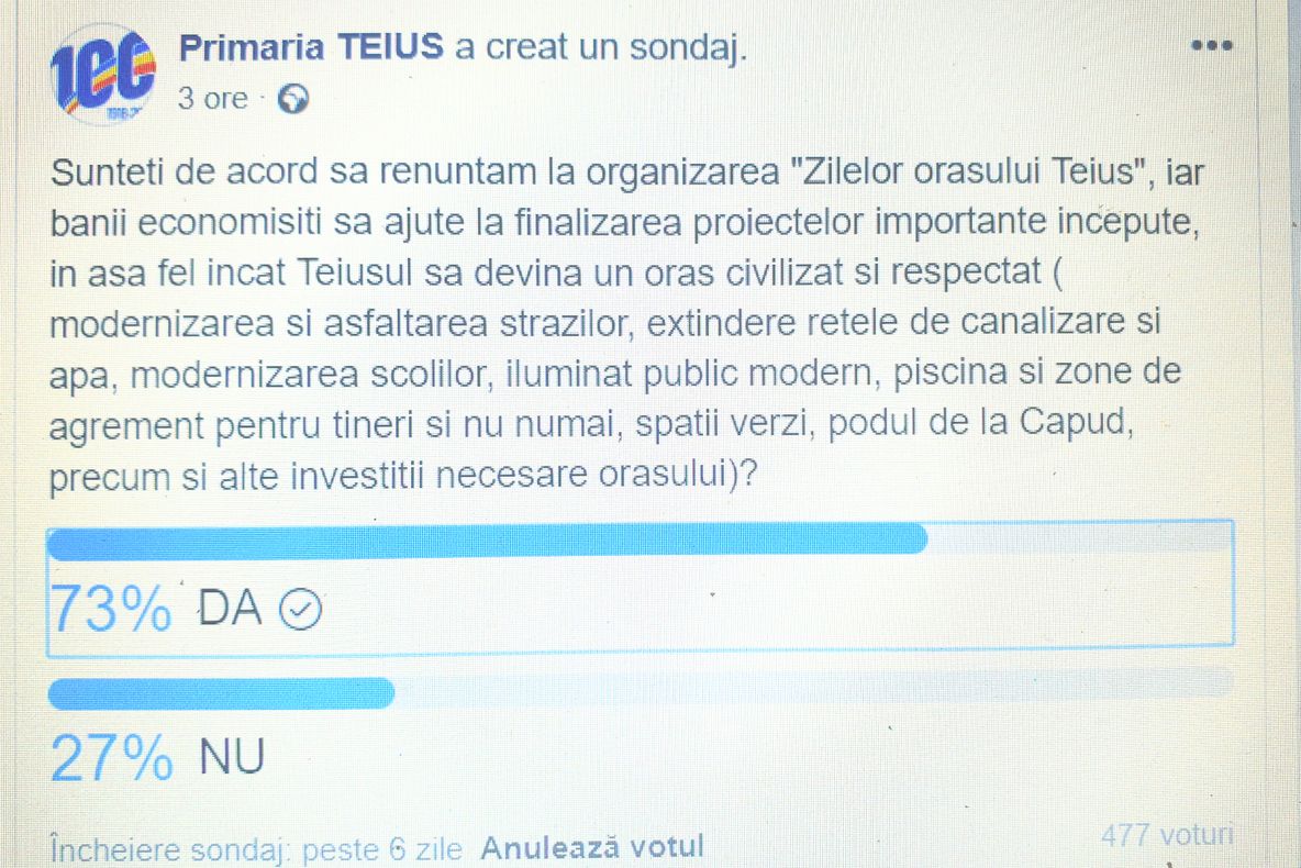 Distracție sau susținerea proiectelor demarate în oraș ? Cetățenii din Teiuș sunt puși să aleagă cum vor fi cheltuiți banii publici
