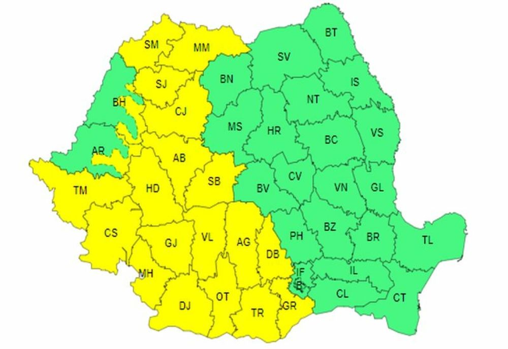 ANM: Cod galben de ploi torențiale și vijelii în mai multe județe