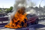 Mașină cuprinsă de flăcări pe DN5: Trafic blocat pe sensul spre Capitală