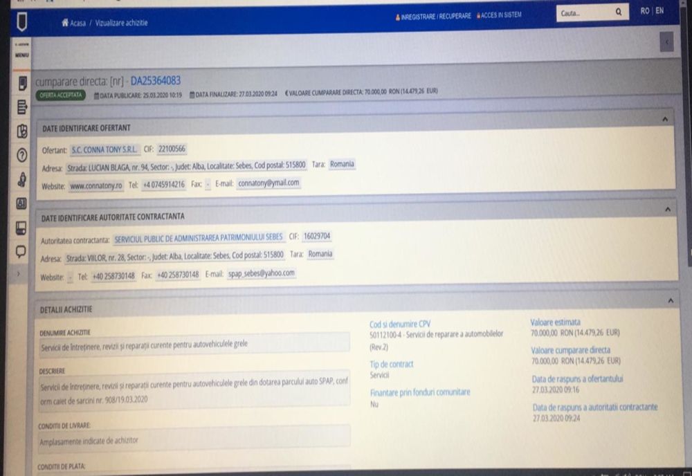 DOCUMENT : În plină criză provocată de coronavirus, primarul municipiului Sebeș aruncă 70.000 de lei pe reparațiile mașinilor