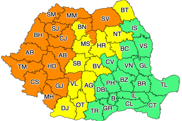 Avertizare ANM - COD PORTOCALIU de vreme rea în 16 județe