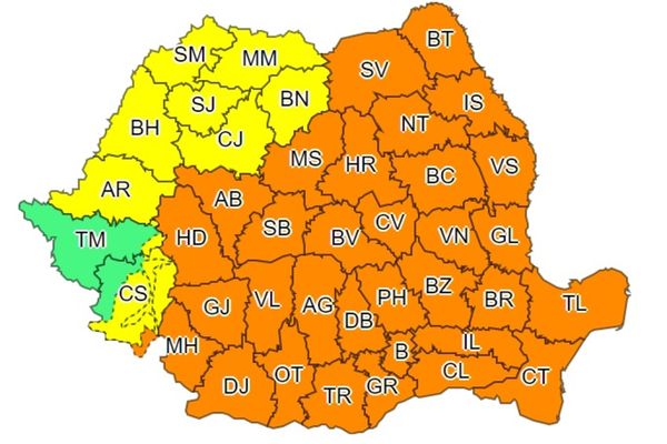 O nouă avertizare meteo de ploi, vijelii şi grindină pentru aproape toată ţara. Cod portocaliu valabil până diseară