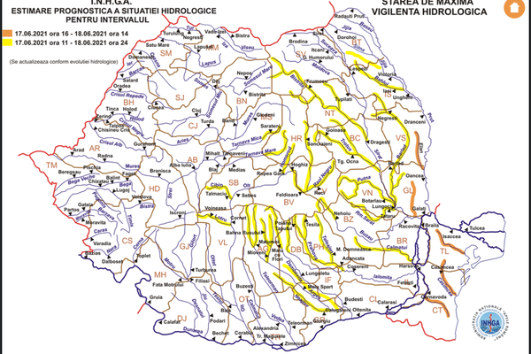 Cod galben și cod portocaliu de viituri pe cursuri de apă din mai multe județe