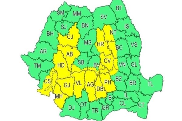 Alertă meteo. Cod galben de fenomene extreme: furtuni cu grindină și vijelii periculoase - cele mai afectate județe: HARTA