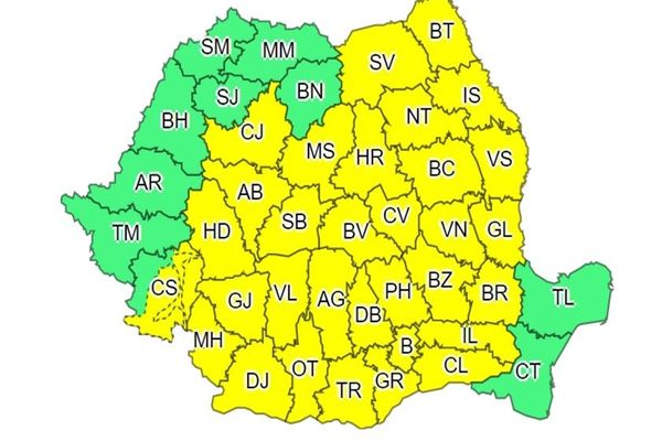 Cod galben de ploi și vijelii în 32 de județe - Harta zonelor afectate de avertizarea ANM