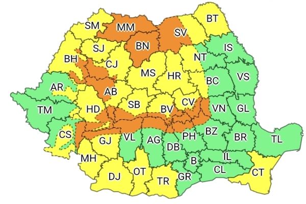 COD GALBEN şi COD PORTOCALIU de vânt puternic, viscol şi ninsori