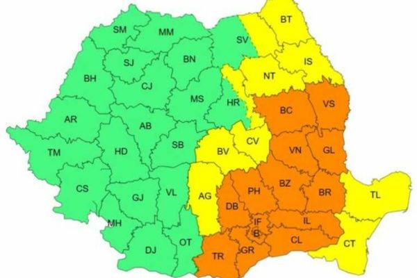 AVERTIZARE COD PORTOCALIU DE CANTITĂȚI DE APĂ ÎNSEMNATE, INTENSIFICĂRI ALE VÂNTULUI ȘI VREME RECE