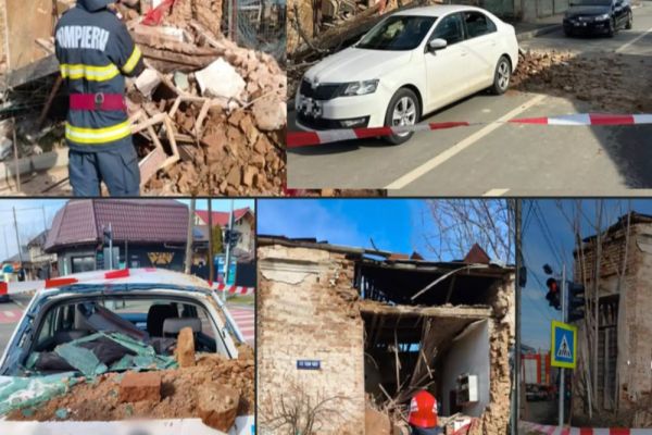 Perete prăbușit peste o mașină oprită la semafor, în Giurgiu. Cinci oameni au scăpat ca prin minune - FOTO
